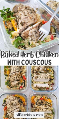 chicken with couscous and vegetables in plastic containers on top of a white table