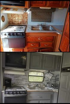 two pictures show the inside of an rv with wood cabinets and stainless steel appliances in it