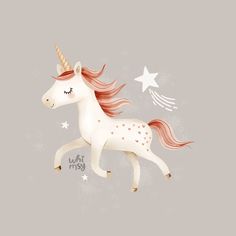 a white unicorn with pink manes and stars on it's head is flying through the air