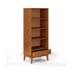 a wooden bookcase with two drawers on one side and an open drawer on the other