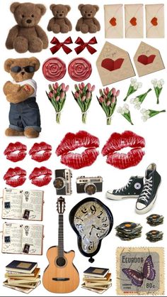 a collage of various items that include a teddy bear, roses, and lipstick