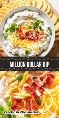 a bowl of dip with bacon, cheese and crackers in it next to a platter full of appetizers