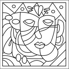 a black and white drawing of a woman's face with geometric shapes in the background