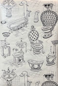 an old fashioned drawing of various bathtubs and sinks in black ink on white paper