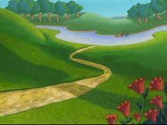 a painting of a dirt road in the middle of a green field with red flowers