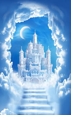 a castle in the clouds with stairs leading up to it and a half moon above