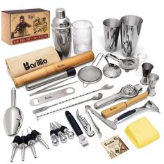 an assortment of kitchen utensils and bar accessories