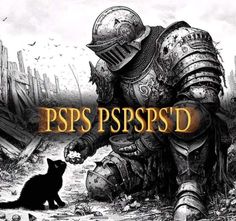 a black and white image of a cat sitting next to a giant robot with the words pspsspd on it