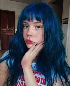 Blue Hair With Bangs, Overtone Hair, Color Depositing Conditioner, Bright Blue Hair, Blue Hair Color, Skunk Hair, Curly Color, Bright Hair Colors, Hair With Bangs