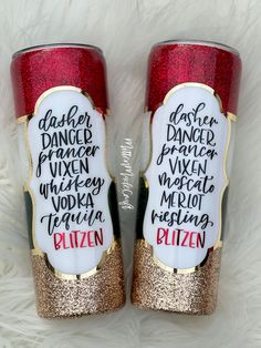 two red and gold glitter tumbles with the words, dancer, dancer, vixen, vodka, vodka, tequila, citizen on them