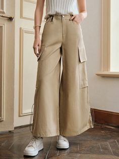 Drawstring Wide Leg Cargo Pants Khaki Casual   Fabric Plain Wide Leg Non-Stretch  Women Clothing, size features are:Bust: ,Length: ,Sleeve Length: Shien Cargo Pants, Wide Leg Cargo Pants, Long Sleeve Tops Casual, Women Pants, Long Pants, Cropped Pants, Plaid Shirt, Fashion Online Shop, Colorful Leggings