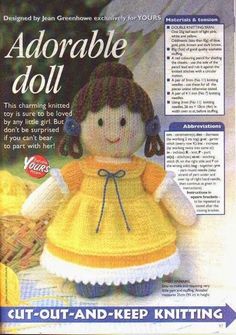 an advertisement for a knitted doll with a yellow dress and blue bow on it's head