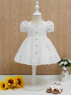 Baby Girl Eyelet Embroidery Puff Sleeve Ruffle Hem Dress White Elegant  Short Sleeve Woven Fabric Plain Fit and Flare Non-Stretch Summer Baby Girls Clothing, size features are:Bust: ,Length: ,Sleeve Length: Newborn Baby Dresses, Frocks For Babies, Baby Girls Dresses, Summer Baby Clothes, Baby Dress Design, Myanmar Dress Design, Eyelet Embroidery, Baby Sewing Patterns