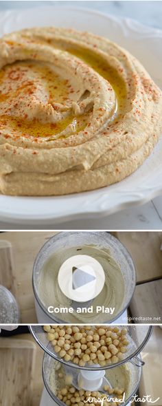 there are three different types of hummus on the plate and in bowls next to each other