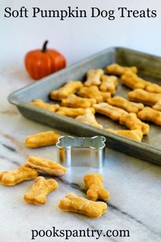 Soft pumpkin dog treats in a baking dish on a gray marble table. Soft Pumpkin Dog Treats, Low Fat Dog Treats, Halloween Dog Treats, Soft Dog Treats, Pill Pockets, Pumpkin Treats