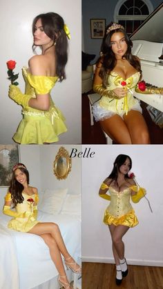 four photos of women dressed in costumes from the disney movie, beauty and the beast