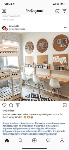 a room with bunk beds, desks and pictures on the wall above them is featured in instagram