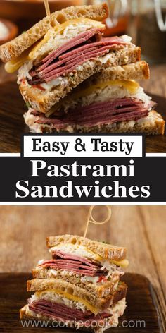 two sandwiches stacked on top of each other with the words easy and tasty pastrami sandwiches