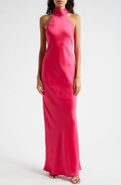 Ramy Brook Tatiana Halter Neck Satin Gown | Nordstrom Satin Gown Designs, Pink Satin Gown, Halter Gown, Ramy Brook, Satin Gown, Pink Satin, Halter Neck, Gowns Dresses, Hot Pink