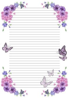 a lined paper with purple flowers and butterflies on the border, in front of a white background