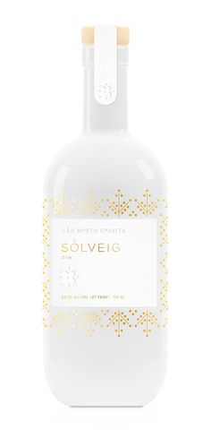 a bottle of solveg gin on a white background with gold dots and the label