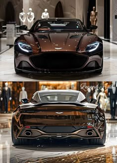 the front and side view of a brown sports car