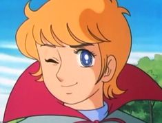 an anime character with blonde hair and blue eyes wearing a red cape, looking at the camera