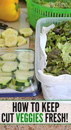 some vegetables are in plastic containers on a counter with the words how to keep cut veggies fresh