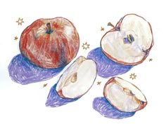 an apple cut in half on top of blue cloth with stars around it and the whole fruit