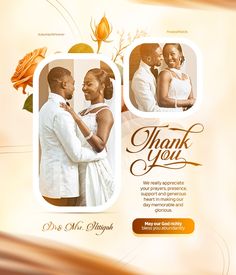 a wedding card with an image of two people and the words thank you on it