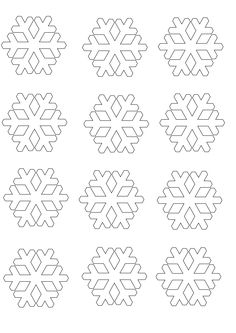 six snowflakes are shown in black and white, each with four different shapes