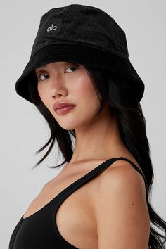 Corduroy Neighborhood Bucket Hat - Black | Alo Yoga Adjustable Corduroy Bucket Hat, Casual Black Corduroy Hat, Black Bucket Hats, Corduroy Outfit, Black Bucket, Bucket Hat Black, Woman Back, Back Women, On Repeat