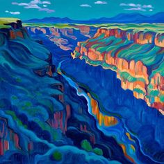 an oil painting of the grand canyon in blue, green and orange colors with clouds