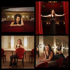 four different shots of a woman in a black dress sitting on a red chair with her arms stretched out