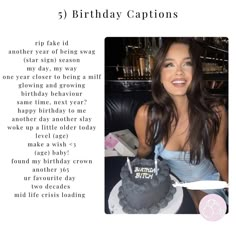 a woman sitting at a table with a cake in front of her and the words 5 birthday captions