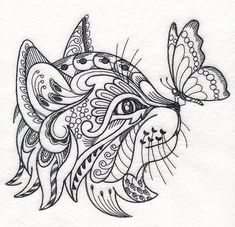 a drawing of a cat with a butterfly on it's head