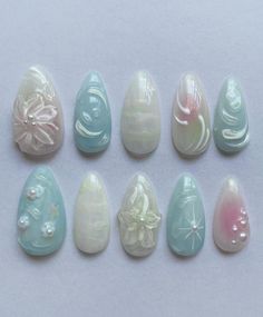 Fake Nails Designs, Summery Nails, Mermaid Nails, Pretty Gel Nails, Soft Nails, Jelly Nails, Press Ons, Pastel Nails, Funky Nails