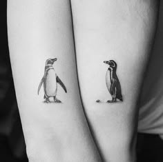 two small penguins on their arm with one penguin standing next to the other in black and white