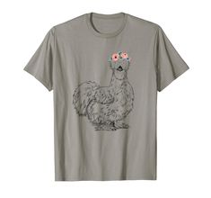 a gray t - shirt with an image of a chicken wearing flowers on it's head