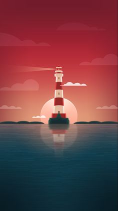 a red and white light house sitting on top of a body of water at sunset