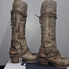 Freebird By Steven Coal Boots Stone Size 9 These Back Lace Up Boots With Wrap Around Strings Are Super Cute And Have Been Kept In Their Bag, In The Box, Under The Dust Cover With The Foam Rolls Inside The Legs. The Stone Gray Is Very Earthy Colored. They Are Just Below The Knee And Fit True To Size. Originally $350 Wide Leg Boots, Moody Fashion, Shifting Closet, Cute Cowgirl Boots, Random Clothes, Boot Covers, Freebird By Steven, Chic Leather, Boots For Women