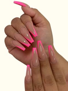 Beige Nails Design, Pink Tip Nails, Hot Pink Nails, Nails Today, Beige Nails, Long Acrylic Nails Coffin, Summer Acrylic Nails, Pink Nail