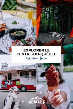 a collage of photos with food and drinks in front of a camper tent