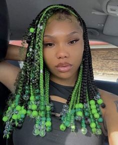 Green Beads Hairstyle, Short Knotless Braids With Beads Green, Cute Hairstyles Braids With Beads, Mid Length Knotless Braids With Beads, Black And Green Box Braids With Beads, Box Braids Short With Beads, Green Knotless Braids With Beads, Cute Box Braids With Beads, Mid Length Box Braids With Beads