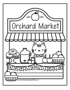 the orchard market coloring page with an image of a cat and other items on display