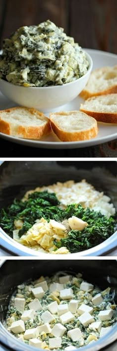 spinach and cheese dip in a skillet with bread slices on the side, and another image of spinach spread over it