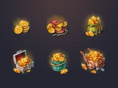 six different icons with gold coins in them