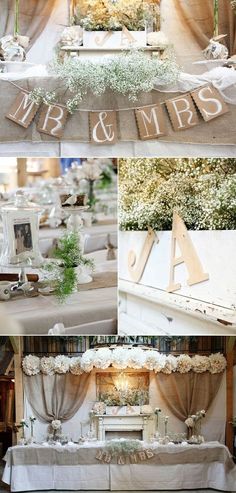 the wedding table is decorated with white flowers and mr and mrs letters on it, along with greenery