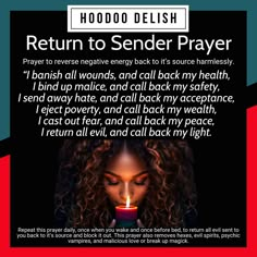 a woman holding a candle in her hand with the words return to sender prayer