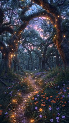 an image of a path in the woods with fairy lights strung from trees and flowers